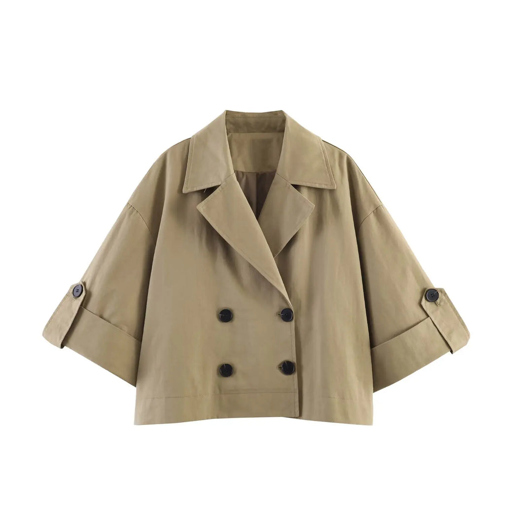 Women's spring 2026 new fashion and leisure temperament lapel double-breasted trench coat retro women's chic hemmed sleeve coat.