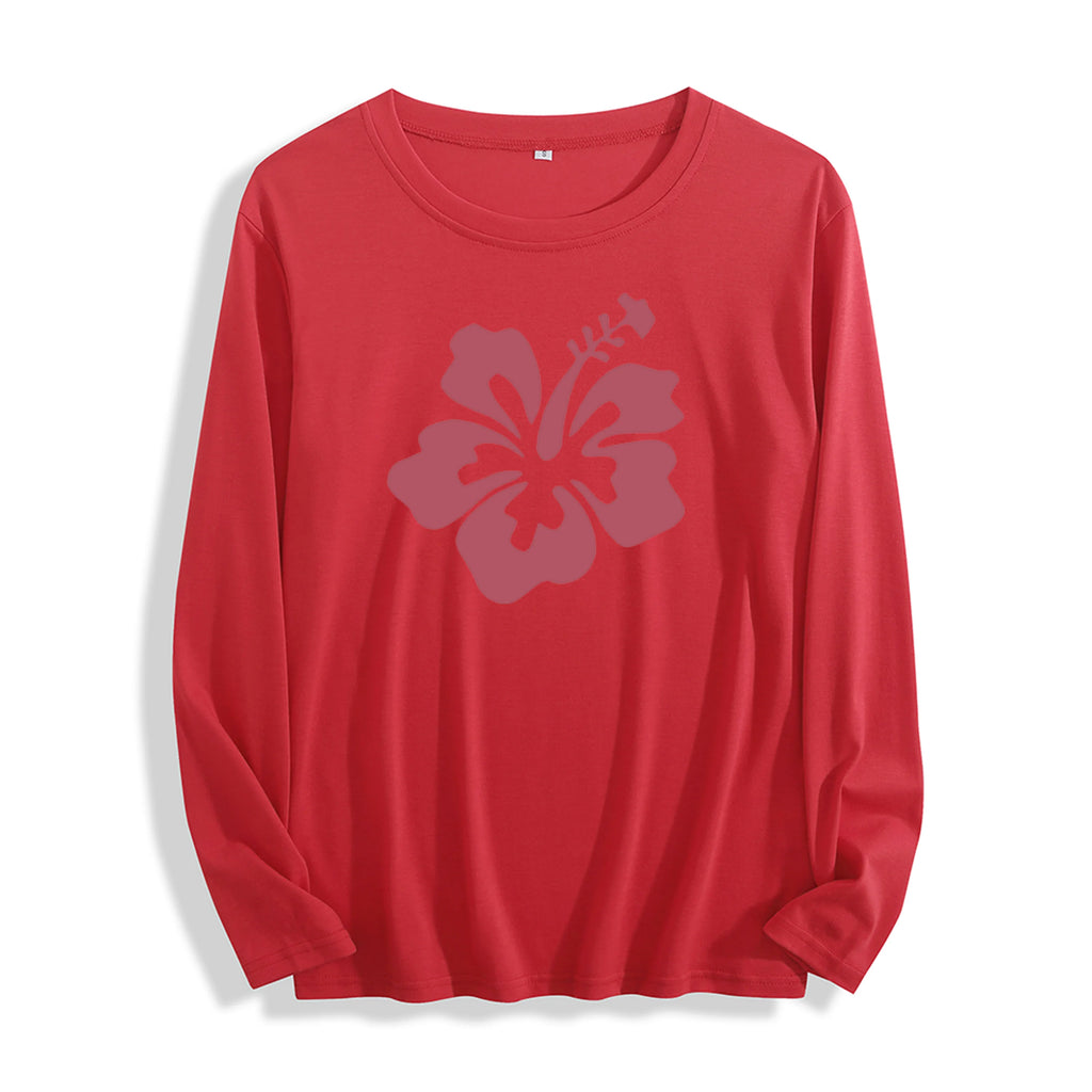 100% Cotton "Burgundy Hibiscus Flower Graphic" Long - Sleeve T - Shirt, Multi - Colors