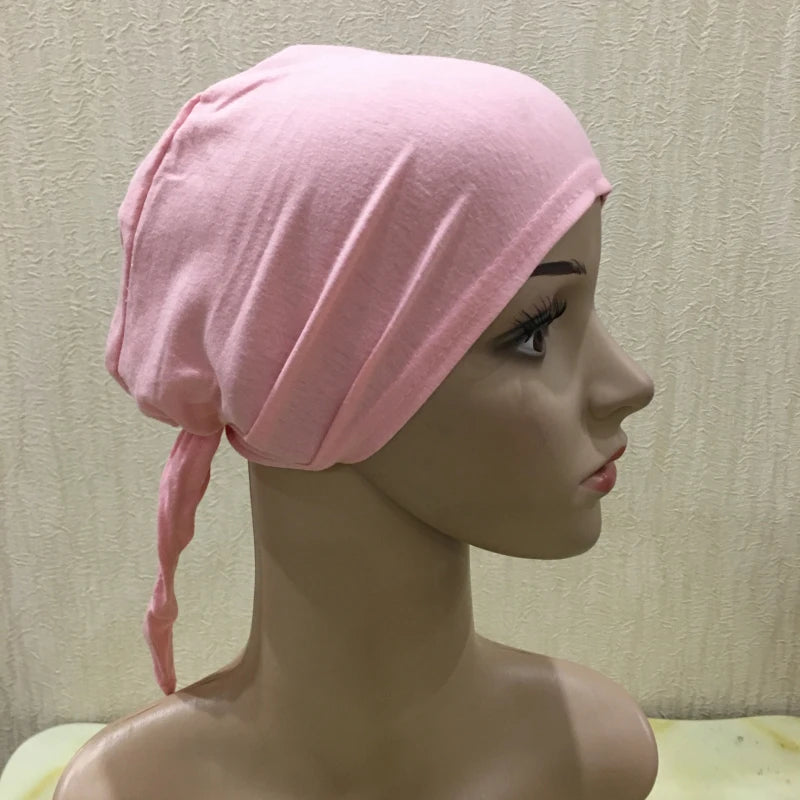 H048 Plain Cotton tie back hats Muslim Turban Pure Color Stretch Inner Hijabs underscarf Women Head Scarf Under Hijab Bonnet