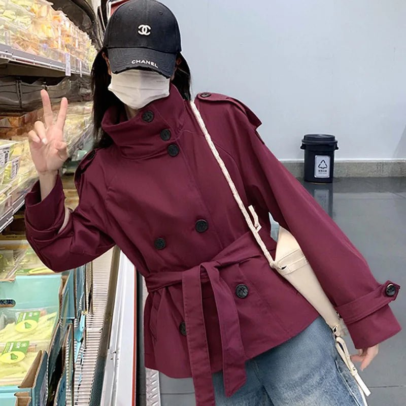 Cropped Breathable Casual Autumn/Winter/Spring Plus Size Double-breasted Belted Regular Trench Coat Jacket