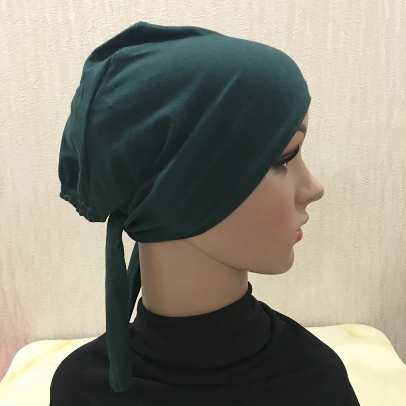 H048 Plain Cotton tie back hats Muslim Turban Pure Color Stretch Inner Hijabs underscarf Women Head Scarf Under Hijab Bonnet