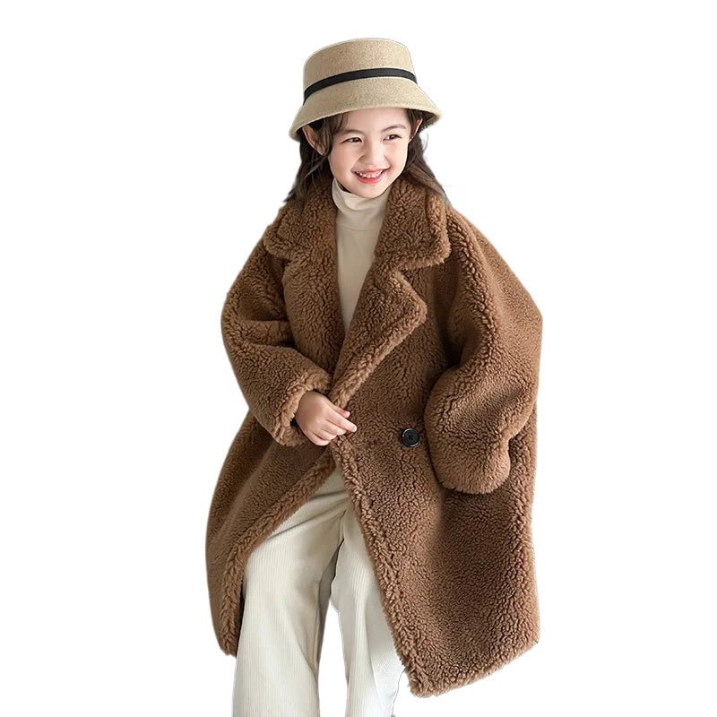 Suit Collar Teddy Bear Wool Coat-Body Long Windproof Single Breasted Garment Dyed Fashion for Girls Teenager