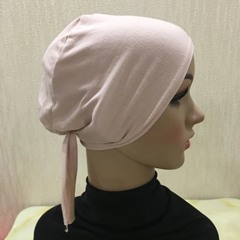 H048 Plain Cotton tie back hats Muslim Turban Pure Color Stretch Inner Hijabs underscarf Women Head Scarf Under Hijab Bonnet