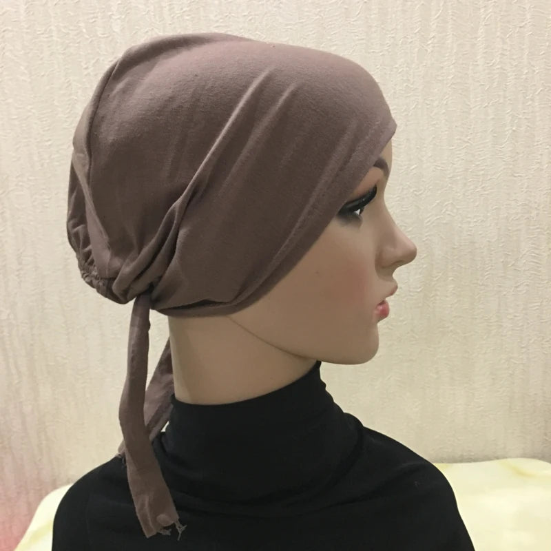 H048 Plain Cotton tie back hats Muslim Turban Pure Color Stretch Inner Hijabs underscarf Women Head Scarf Under Hijab Bonnet