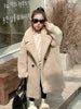 Teenager Girls' Windproof Wool Coat Thickened Long-style Korean Version Winter Suit V-neck Lantern Sleeve Floral Garment Dyed