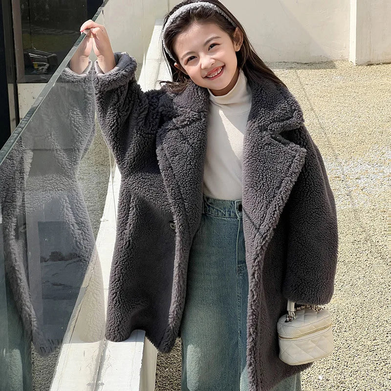 Teddy Bear Coat Wool Suit Collar V-neck Windproof Single Breasted Long Body Girls Teenager