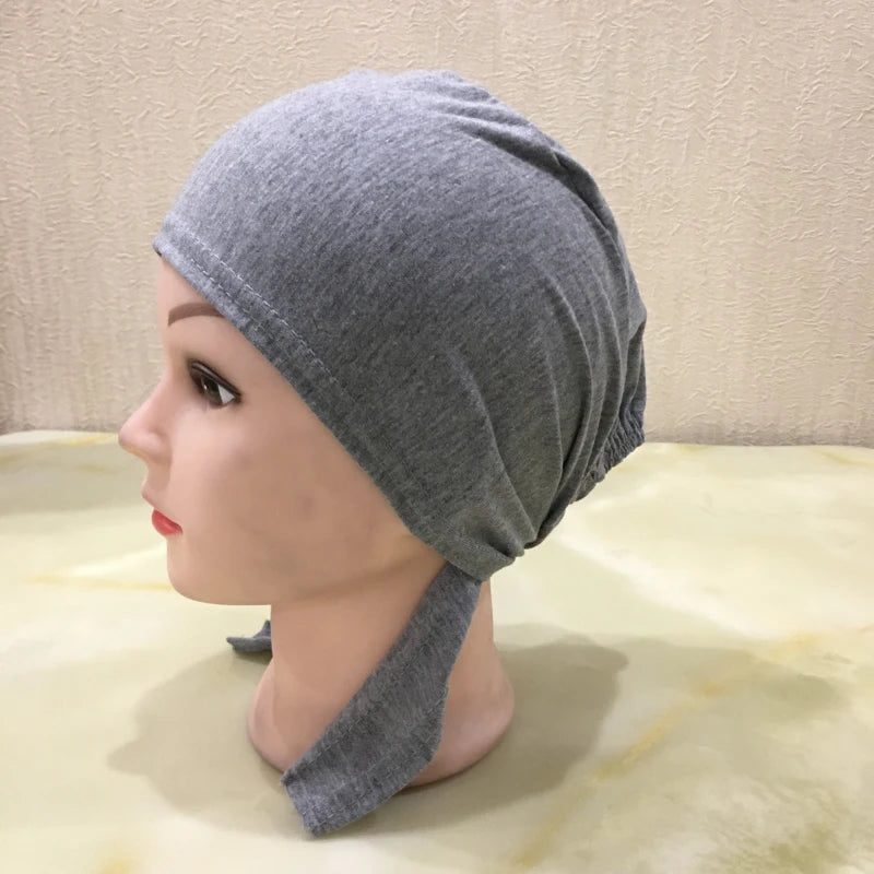 H048 Plain Cotton tie back hats Muslim Turban Pure Color Stretch Inner Hijabs underscarf Women Head Scarf Under Hijab Bonnet