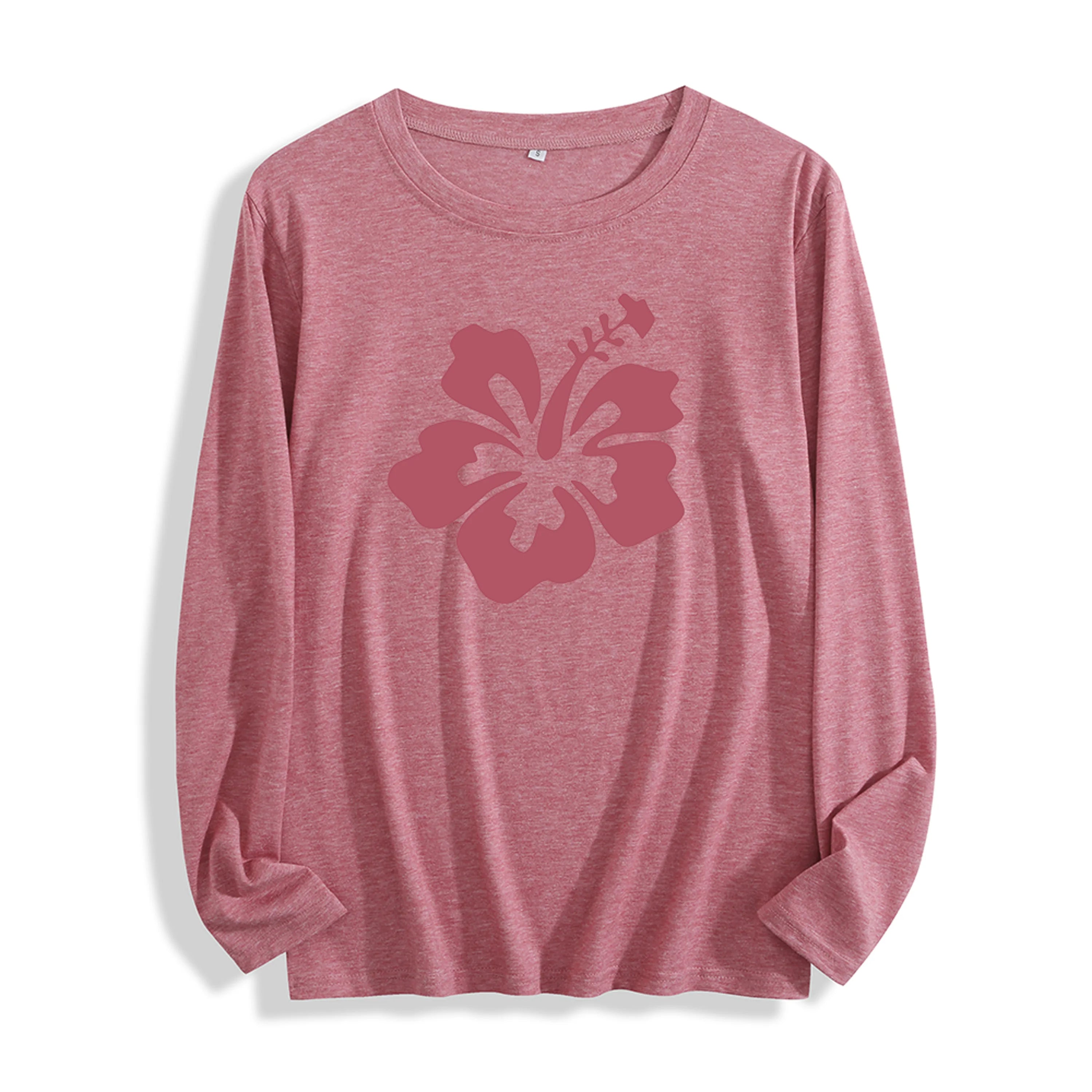 100% Cotton "Burgundy Hibiscus Flower Graphic" Long - Sleeve T - Shirt, Multi - Colors