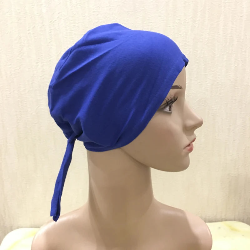 H048 Plain Cotton tie back hats Muslim Turban Pure Color Stretch Inner Hijabs underscarf Women Head Scarf Under Hijab Bonnet