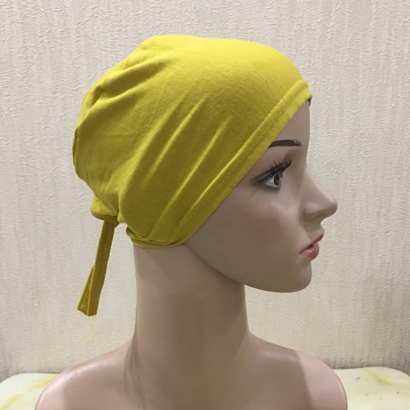 H048 Plain Cotton tie back hats Muslim Turban Pure Color Stretch Inner Hijabs underscarf Women Head Scarf Under Hijab Bonnet
