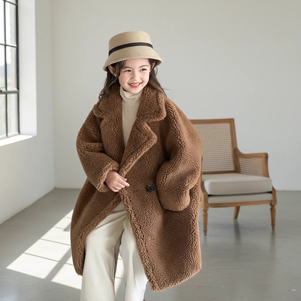 Teddy Bear Coat Wool Suit Collar V-neck Windproof Single Breasted Long Body Girls Teenager