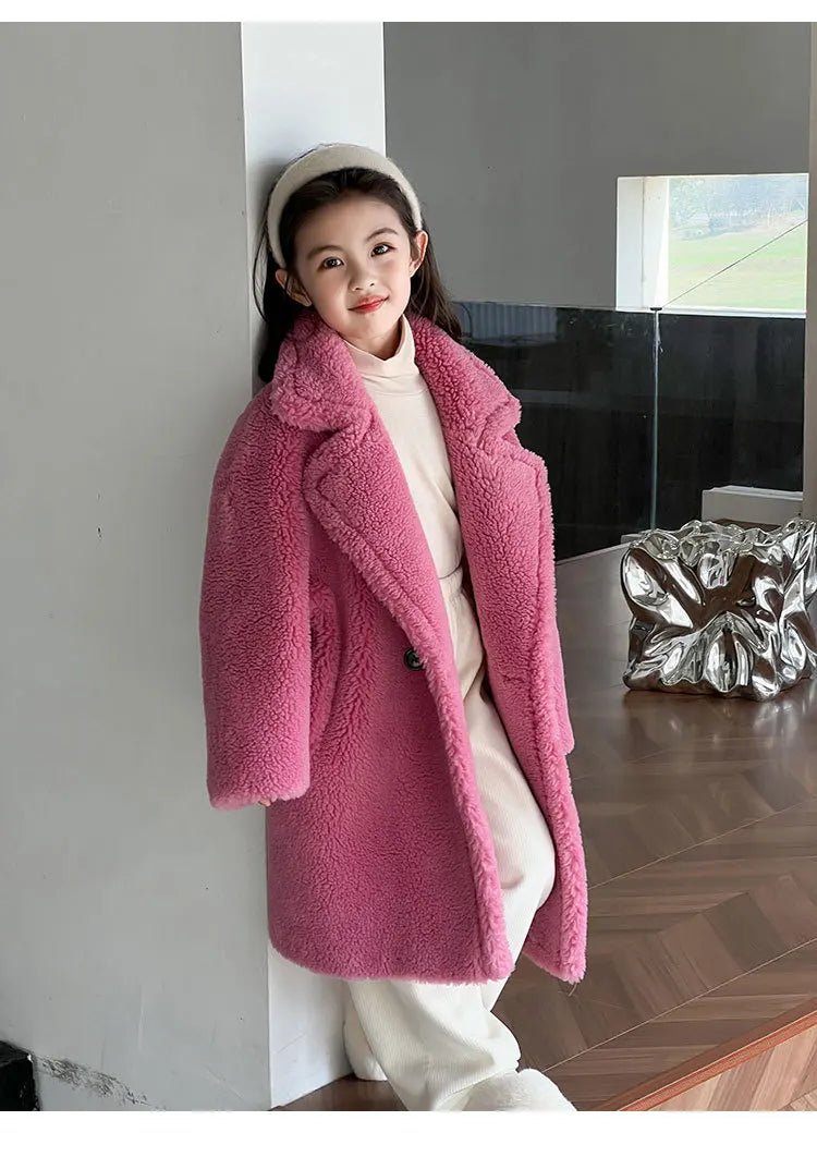 Suit Collar Teddy Bear Wool Coat-Body Long Windproof Single Breasted Garment Dyed Fashion for Girls Teenager