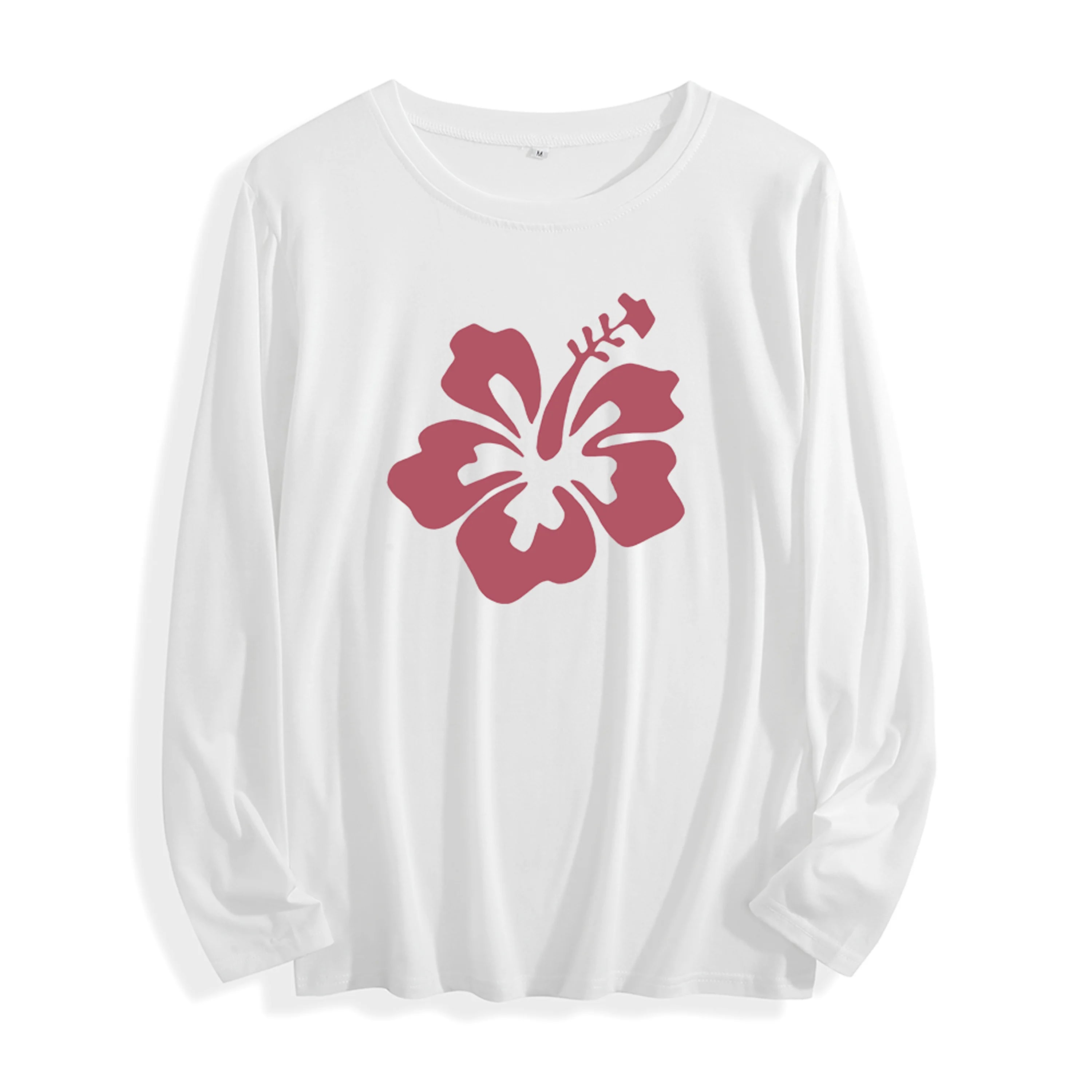 100% Cotton "Burgundy Hibiscus Flower Graphic" Long - Sleeve T - Shirt, Multi - Colors