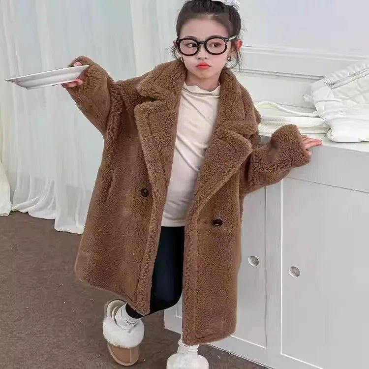 Manteau de laine coupe-vent pour adolescentes Style coréen épais et long Costume d'hiver Col en V Manches lanternes Teinture florale