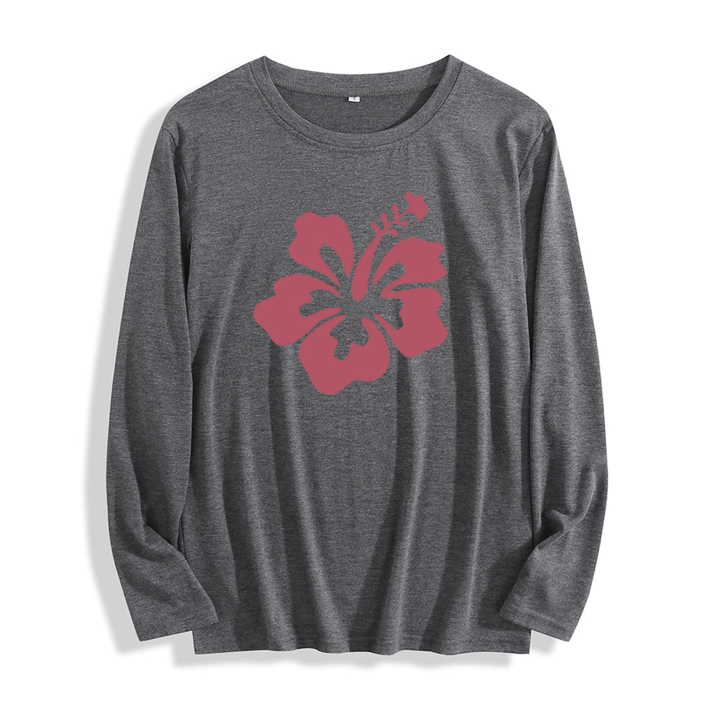 100% Cotton "Burgundy Hibiscus Flower Graphic" Long - Sleeve T - Shirt, Multi - Colors
