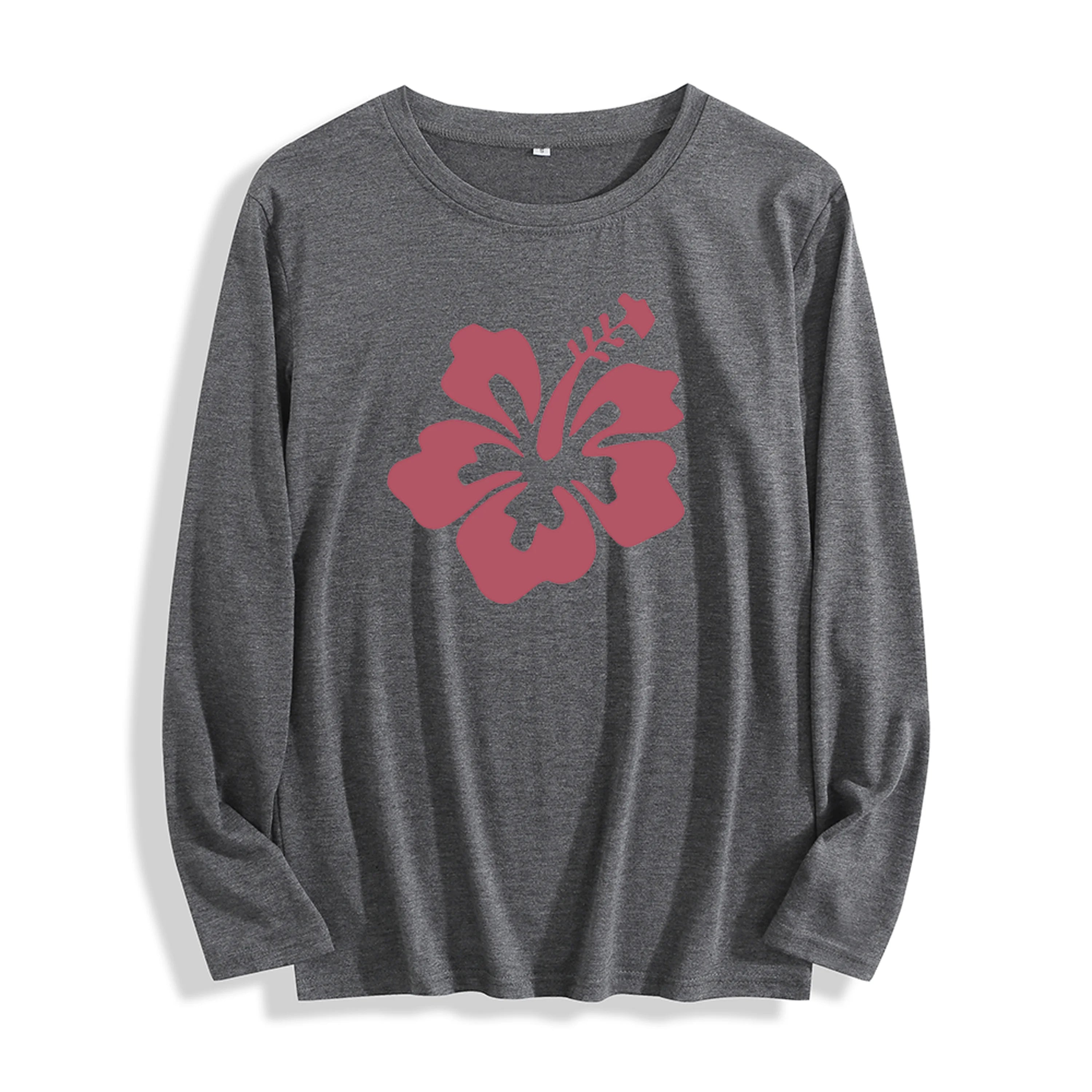 100% Cotton "Burgundy Hibiscus Flower Graphic" Long - Sleeve T - Shirt, Multi - Colors