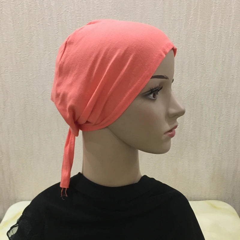 H048 Plain Cotton tie back hats Muslim Turban Pure Color Stretch Inner Hijabs underscarf Women Head Scarf Under Hijab Bonnet