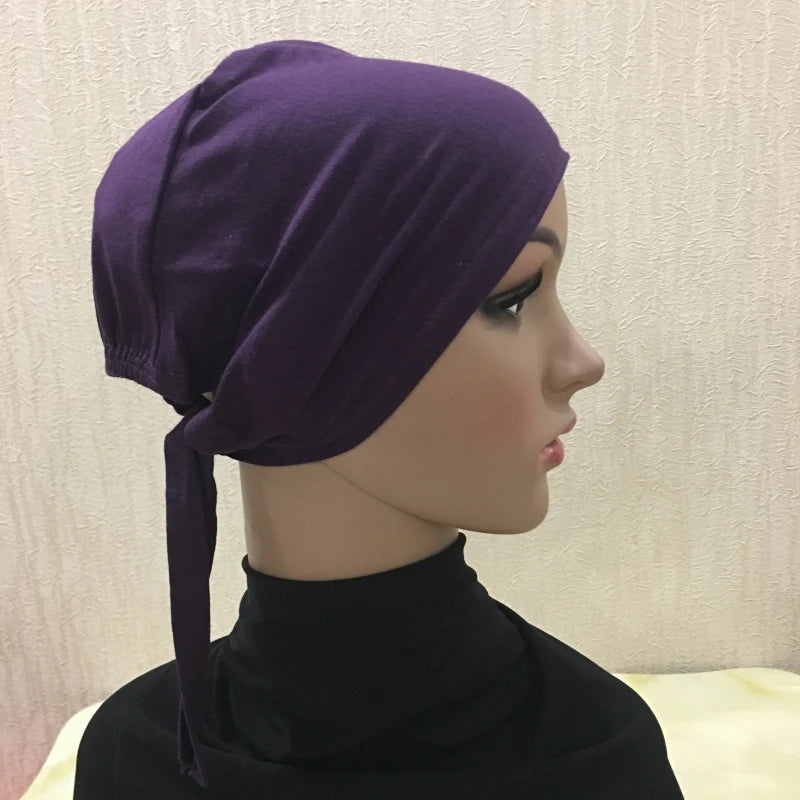 H048 Plain Cotton tie back hats Muslim Turban Pure Color Stretch Inner Hijabs underscarf Women Head Scarf Under Hijab Bonnet