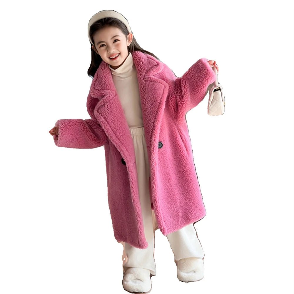 Teddy Bear Coat Wool Suit Collar V-neck Windproof Single Breasted Long Body Girls Teenager