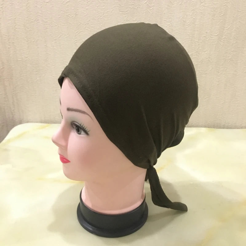 H048 Plain Cotton tie back hats Muslim Turban Pure Color Stretch Inner Hijabs underscarf Women Head Scarf Under Hijab Bonnet
