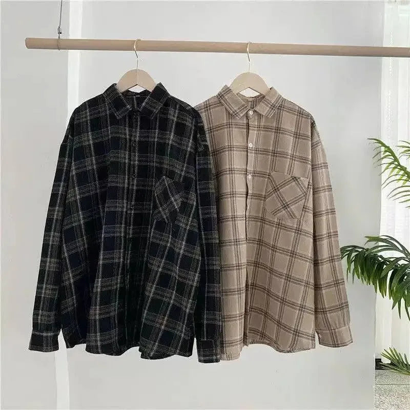 Women's Plaid Long-Sleeve Shirt, Retro Style, Loose Fit, Korean Version, Spring Wear, Student Jacket