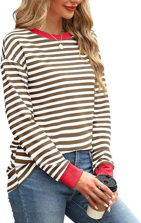 2025 Spring Women's Striped T-shirt Long Sleeve O-neck Color-blocking Fashion Top Versatile College Casual Street Tees
