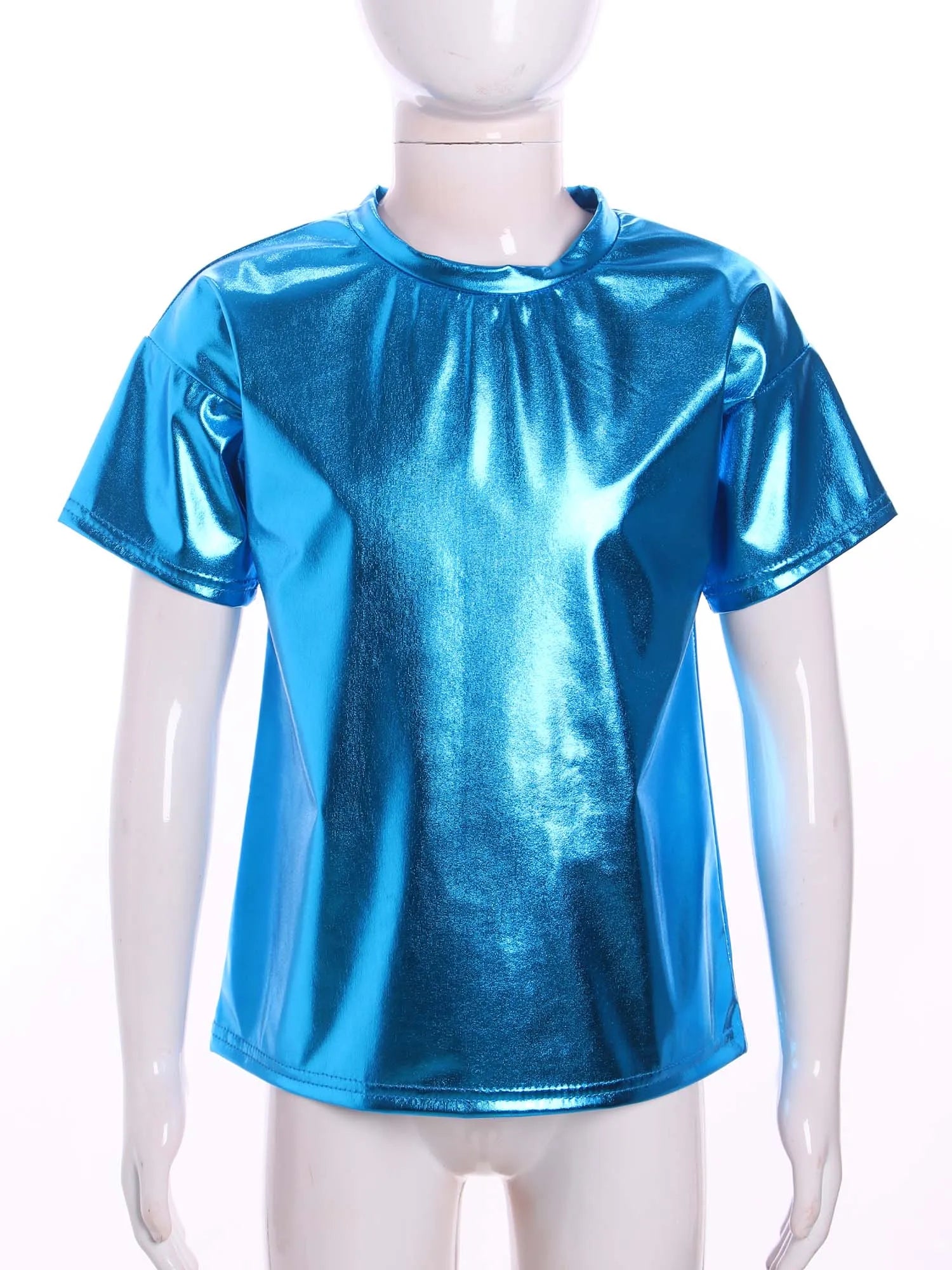Children T-Shirt Shiny Metallic Short Sleeve Clothes Girl Boys Kids T-Shirt Hip Hop Jazz Dance Costume Top Performance Dancewear
