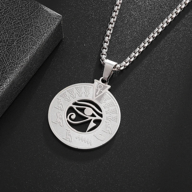 Ancient Egyptian Pharaoh Life Anka Cross Stainless Steel Necklace Anubis Totem Pendant Men\'s Amulet Jewelry Leather Rope Chain