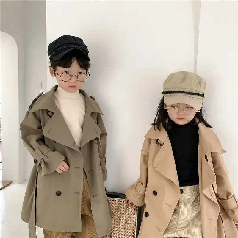 Children's Trench Coat Spring Autumn Boys Girls Jacket Overcoat Long Sleeve Turn-Down Collar Windbreaker Top Kids Clothes