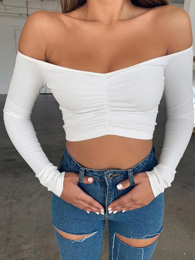 Women's Sexy Club Fashion T-Shirts Long Sleeve Off-Shoulder Solid Color Ladies T-shirts Autumn Basic Tees