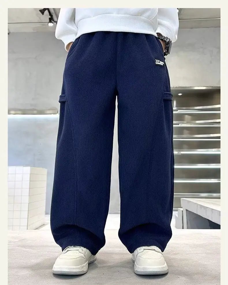 2025 Boys Causal Pants Kids Autumn Loose Warm Sports Pants 120-170 Navy Blue Trousers for Children Spring Kids Clothing New