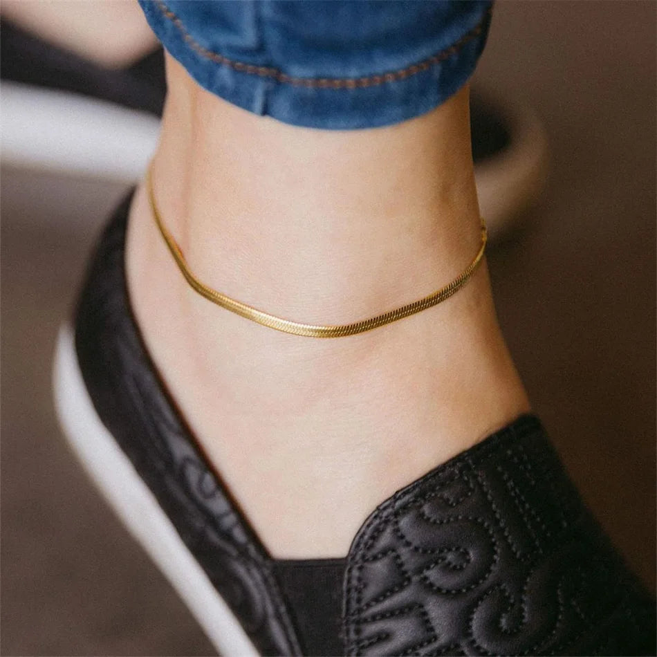 eManco Stainless Steel Flat Snake Chain Anklet 14K Gold Minimalist Ankle Bracelet Women Beach Daily Summer Jewelry Gifts
