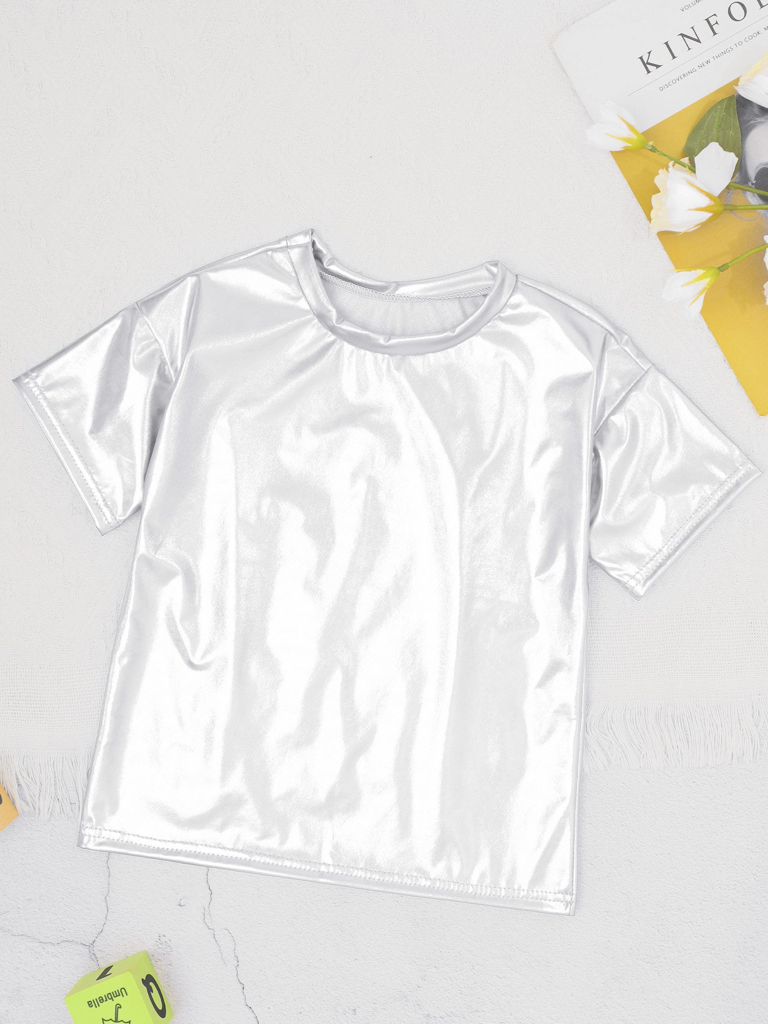 Children T-Shirt Shiny Metallic Short Sleeve Clothes Girl Boys Kids T-Shirt Hip Hop Jazz Dance Costume Top Performance Dancewear