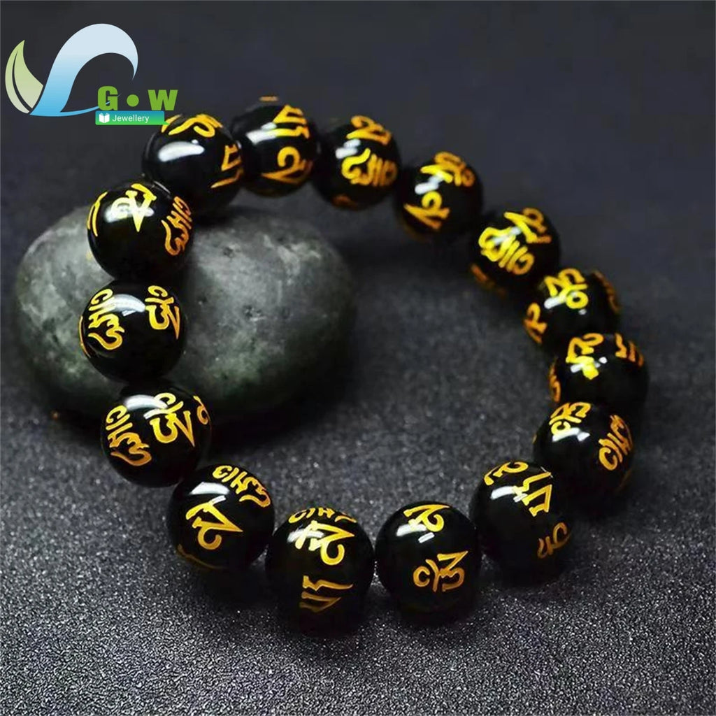 Lucky Natural Black Jade Carved Six-Character Motto Obsidian Transfer Bracelet For Men Women Gift Couple Bracelet Jewelry Gift