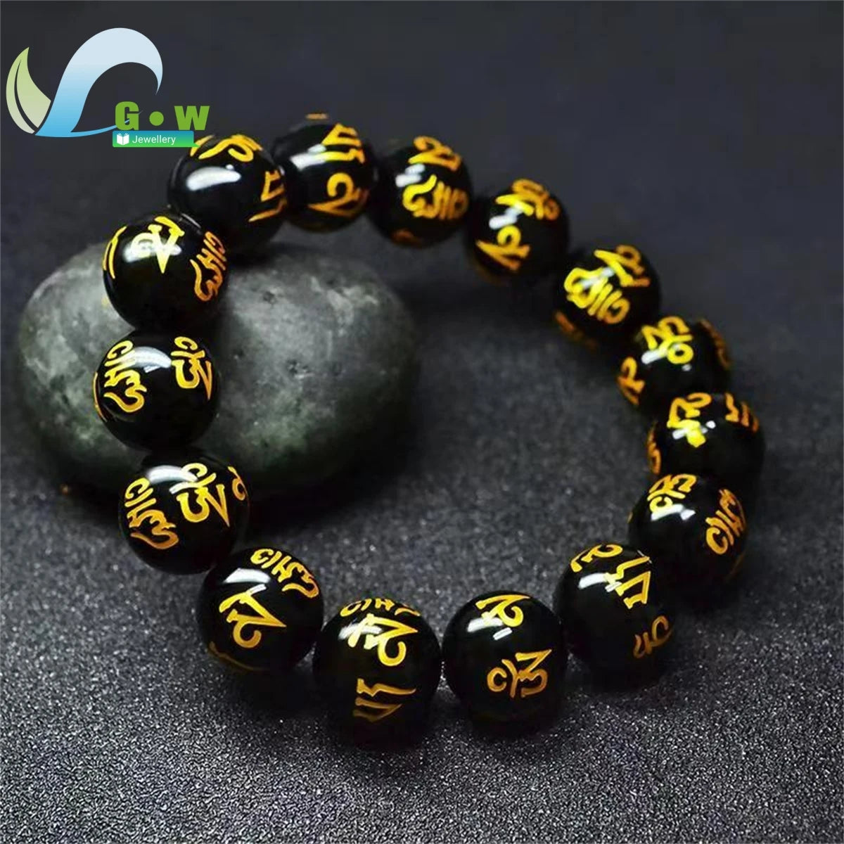 Lucky Natural Black Jade Carved Six-Character Motto Obsidian Transfer Bracelet For Men Women Gift Couple Bracelet Jewelry Gift