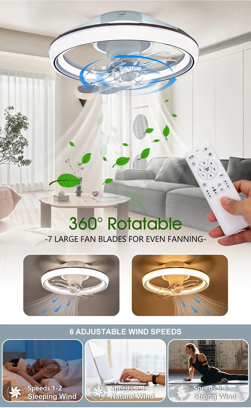 Ventilateur Plafonnier LED RGB 7 Pales – Bluetooth, Télécommande & Musique | BENEWTON