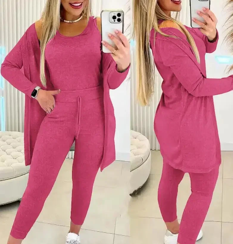 Ensemble trois pièces pour femmes, Cardigan, haut et pantalon, couleur unie, Simple, mode voyage, rue, été 2024