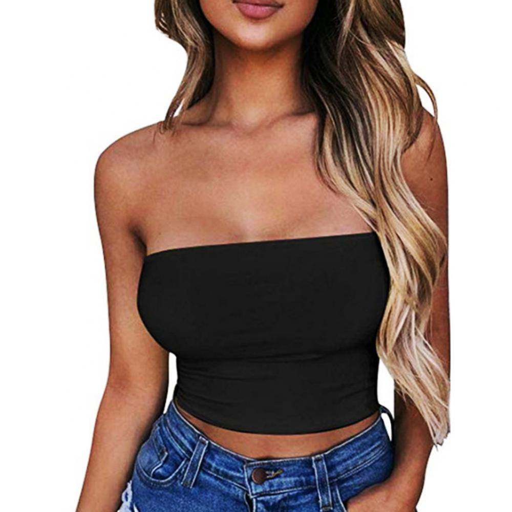 Club Bar Women Sexy Solid Color Vest Strapless Cropped Mini Bustier Slim Elastic Tube Top