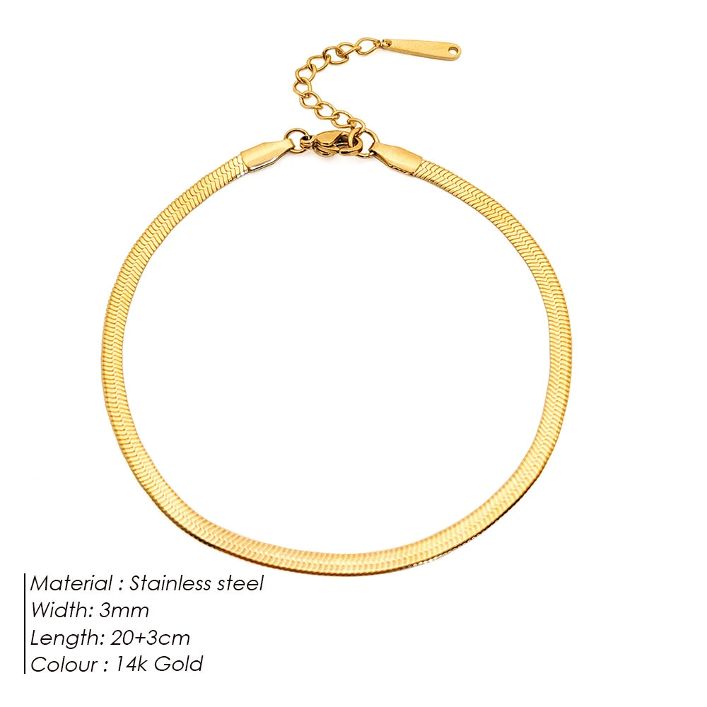 eManco Stainless Steel Flat Snake Chain Anklet 14K Gold Minimalist Ankle Bracelet Women Beach Daily Summer Jewelry Gifts