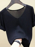 AOSSVIAO 2026 Basic V-neck Solid Thin Summer Women Pullover Female Thin Knitted Ribbed Sweater Slim Short Sleeve Bodycon Sweater