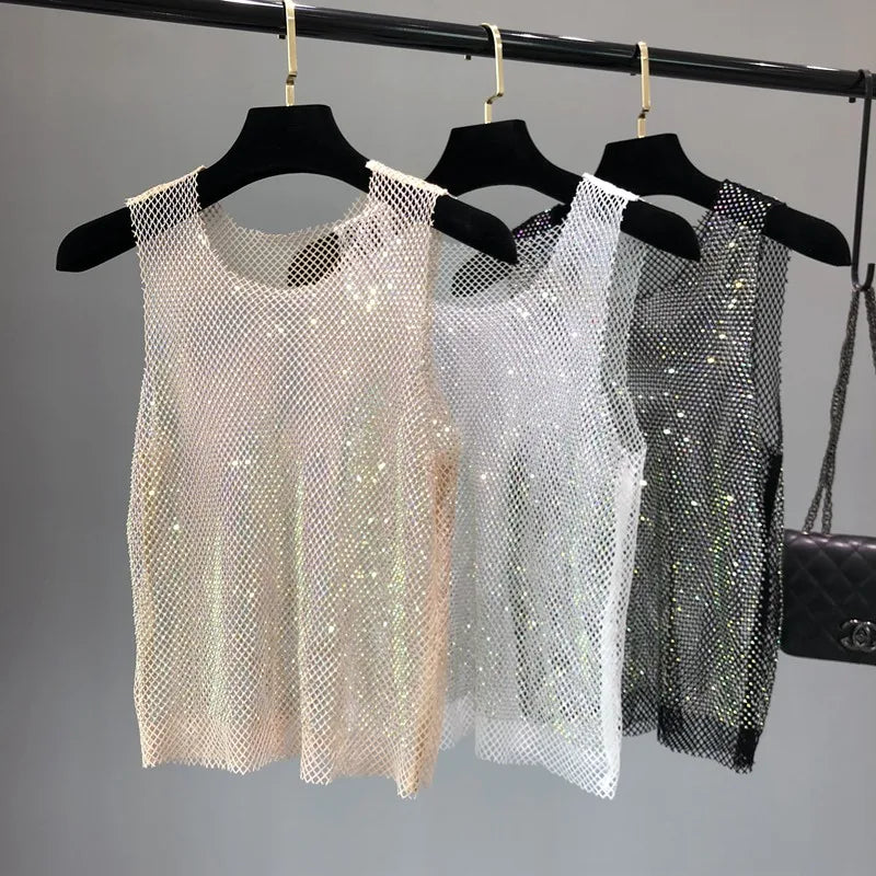 Débardeur brillant avec perles de cristal, Club de fête, Sexy, ajouré, diamants estampage, Camis Winky, gilet sans manches