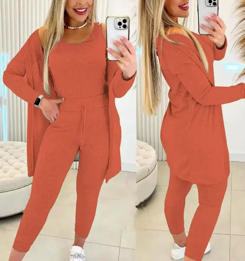 Ensemble trois pièces pour femmes, Cardigan, haut et pantalon, couleur unie, Simple, mode voyage, rue, été 2024