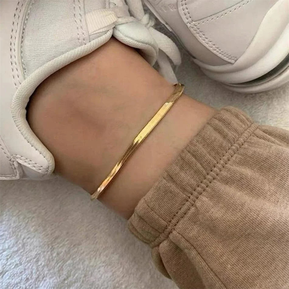 eManco Stainless Steel Flat Snake Chain Anklet 14K Gold Minimalist Ankle Bracelet Women Beach Daily Summer Jewelry Gifts