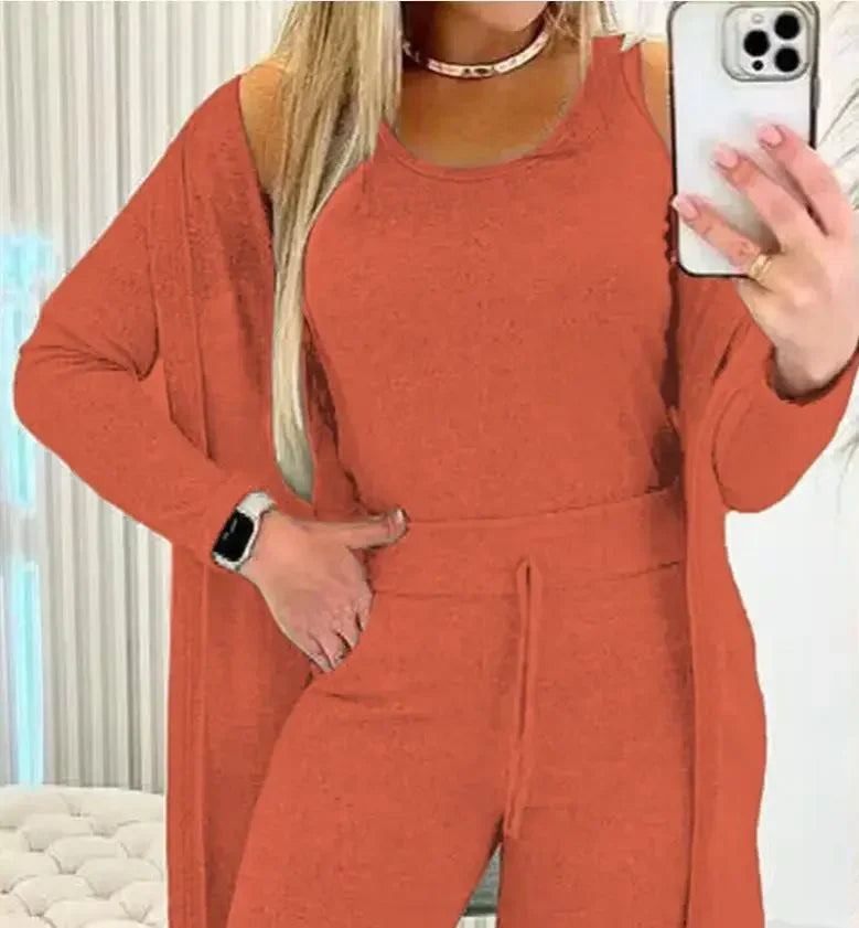Ensemble trois pièces pour femmes, Cardigan, haut et pantalon, couleur unie, Simple, mode voyage, rue, été 2024