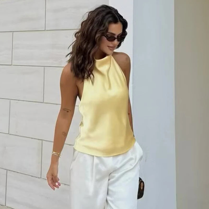 HXAO haut femmes licou Satin haut pour femme dos nu haut Corset gilet jaune rose noir été élégant Sexy hauts débardeur robes