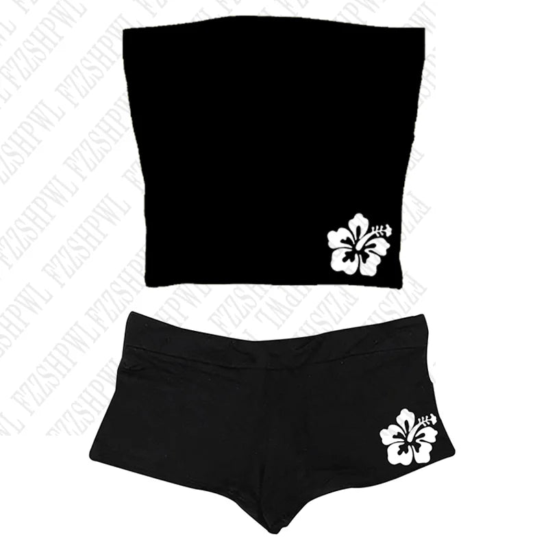Y2K Women's Set Flower Print Sleeveless Halter Tank Top and Shorts Suit Summer Hot Girls Beach Style INS Two 2 Piece Set Outfit
