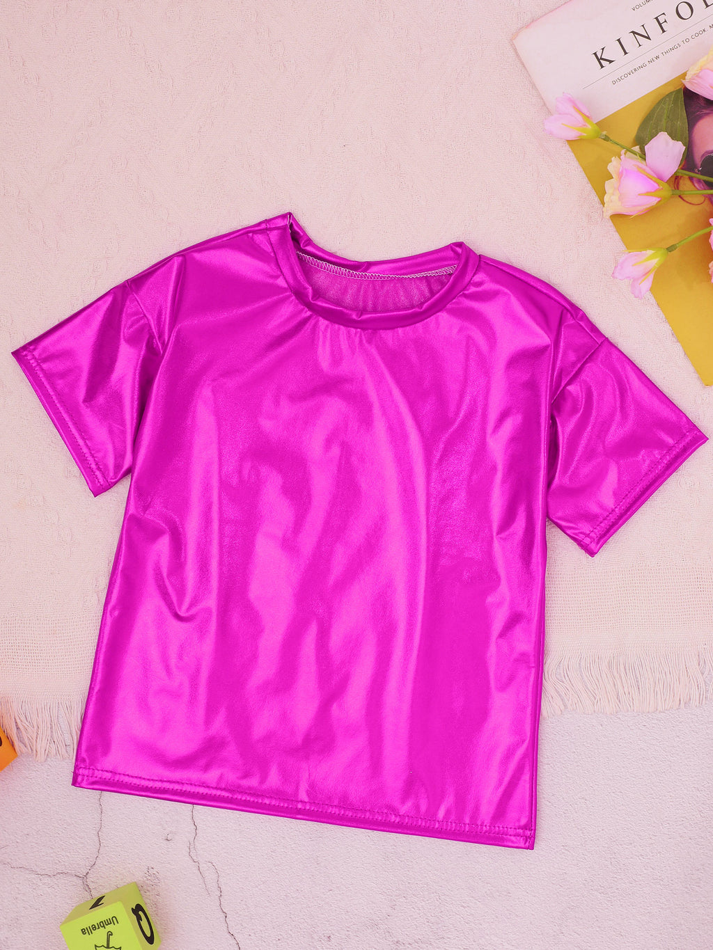 Children T-Shirt Shiny Metallic Short Sleeve Clothes Girl Boys Kids T-Shirt Hip Hop Jazz Dance Costume Top Performance Dancewear