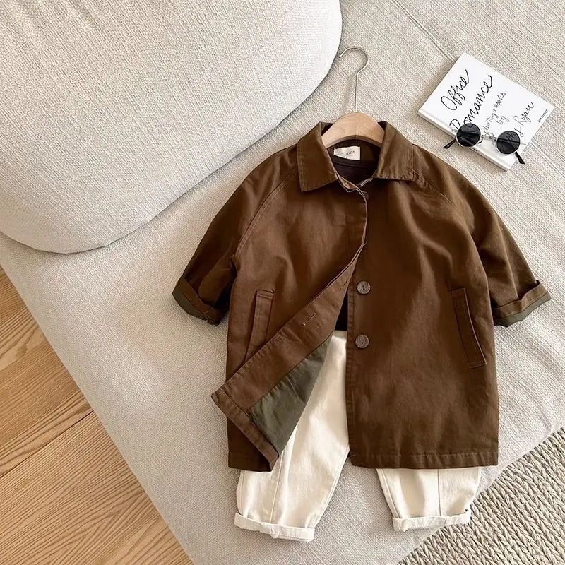 Kids Boys Girls Thin Jacket Coats 2025 New Arrival Children Csual Long Windbreaker Apricot Coffee Navy Spring Autumn Cotton Tops