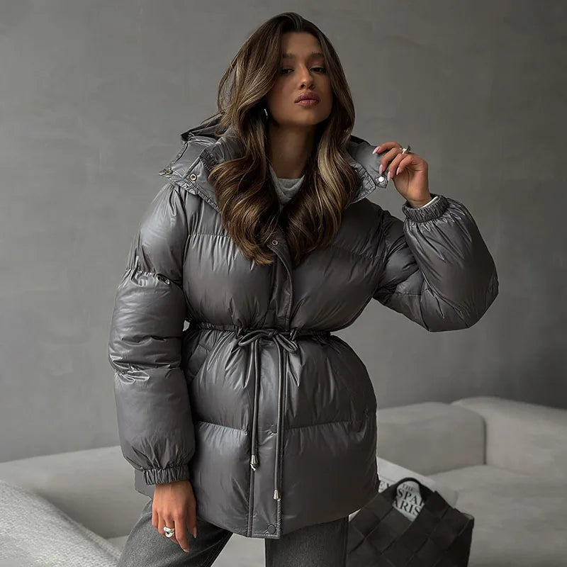 Street Drawstring Detachable Hooded Cotton Coats Women Stand Collar Full Sleeve Lace Up Slim Waist Coat 2025 Winter Warm Outwear