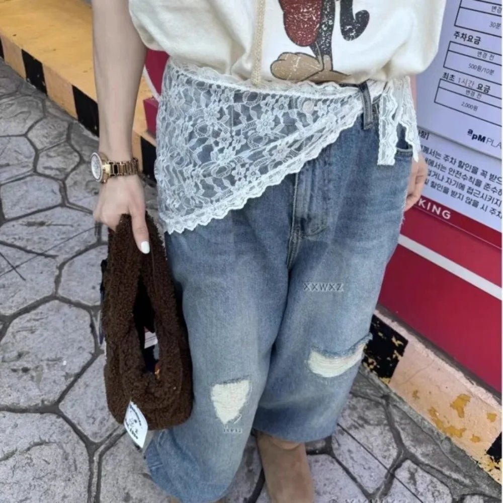 Jeans Pants Decor Embroidered Flower Lace Mini Skirt Irregular See Through Ruched Skirts High Waist Harajuku Pleated Skirts
